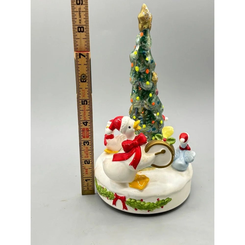 Vintage Christmas Music Box Wind Up Goose Ceramic Rotating Tree Cottage Ducks